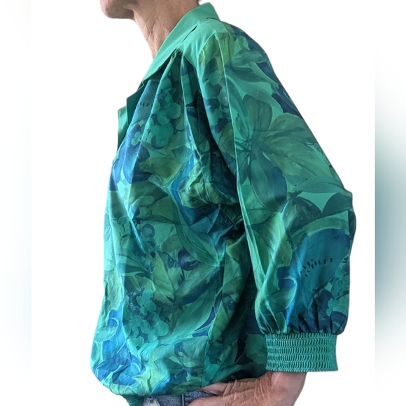 Vintage GW Division of Graff Tropical Green Floral Half Button Blouse Top Size M - Picture 9 of 14